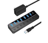 Qeefun Hub USB 3.0 Powered USB 3.0 a 7 porte, 12 V/2 A, 24 W, adattatore di alimentazione USB, splitter e switch di alimentazione a LED individuali, supporto mini PC, notebook, PC, Surface Pro,