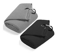 QeeHeng Set di 2 asciugamani da golf triplicati, divertente asciugamano da golf con clip per borse da golf per uomo, in microfibra con motivo a cialda (nero+grigio)