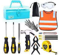 QeeHeng Strumenti Reali per Bambini - 20 Pezzi Strumenti di Costruzione con Valigia Attrezzi Blu e Indumenti Protettivi Set di Attrezzi per la Lavorazione del Legno per Principianti Regalo Educativo