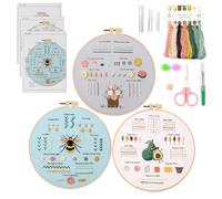 QEEYON 3 Pezzi Kit Ricamo Principianti, Set Ricamo per Adulti, Kit Ricamo Starter Apprendimento di 30 Punti Diversi, Tra Cui Panno con Motivi, Filo, Aghi, Cerchi, Istruzioni (A)