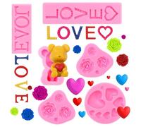 QEEYON 6 pezzi Stampo silicone per San Valentino, Stampi in Silicone Lettere, Stampo Forma di Cuore, Stampo Silicone Fiori Rose, Orso Stampi per Candele,Decorazioni per Torte Cioccolato