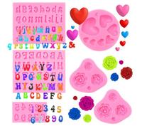 QEEYON Stampi Silicone Lettere, 6 pezzi 3D Stampi di lettere e numeri, Stampi per Cioccolato, Fondente, Candele, Cuori, Fiori, Lettere dell'Alfabeto, Numero, Biscotti, Gommoso Decorazioni per Torte