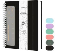 Qefuna Quaderno A5 a righe,quaderno a spirale da 300 pagine,carta resistente all'inchiostro 100 g/m²,copertina rigida in PVC,con righello, tasche espandibili, elastici, per donna, uomo-Nero