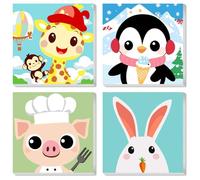 QENSPE Animale Dipingi con i Numeri per Bambini con Cornice dai 6 ai 12 Anni, 4 Pezzi Paint by Numbers Kit Adulti, Decorazione per Casa Regalo per Bambini, 20x20cm, Pinguino+Coniglio+Maiale+Giraffa