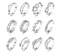 QEQSHQO Anelli da punta per donna, 12 pezzi Argento aperti e regolabili per massima vestibilità. Design vintage spiaggia unici e comodi un set multi-stile essenziale per l'estate e le vacanze al mare