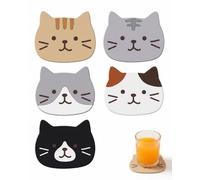 QEQSHQO Set di 5 Sottobicchieri in Silicone a Forma di Gatto, Sotto Bicchieri Antiscivolo e Termoresistenti da Tavolo, Protezione da Calore e Graffi, Idea Regalo Amanti dei Gatti