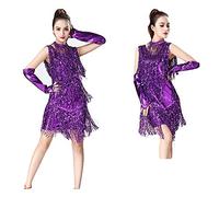 QERNTPEY-ST Costume da Ballo Latino da Donna con Pompon per Sala da Ballo Samba Tango con Collana a Maniche per la Competizione Costumi di Rumba XX-Large Viola