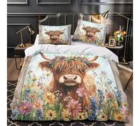 QEVAWPAE Corona floreale di mucca delle Highlands Set Di Copripiumino 3 Pezzi microfibra stampa 3D incluso federe cerniera nascosta Animale rustico copripiumino for ragazzi e adulti Single（135x200cm）