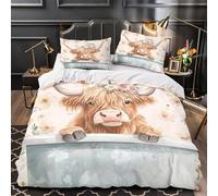 QEVAWPAE mucca delle Highlands copripiumino 3 Pezzi microfibra morbida motivo 3D con federa per cuscini incluso federe Corona floreale Set Di Copripiumino for bambini e adolescenti Single（135x200cm）