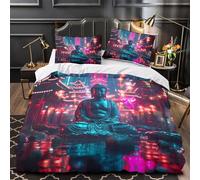 QEVAWPAE Statua del Buddha Set Di Copripiumino 3 Pezzi microfibra stampa 3D incluso federe con cerniera paesaggio urbano al neon copripiumino for bambini adulti ragazzi Single（140x200cm）