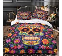 QEVAWPAE Teschio di zucchero Set Di Copripiumino 3 Pezzi morbida microfibra motivo 3D cerniera nascosta con federa gente colorata copripiumino for ragazze e adolescenti Single（140x200cm）