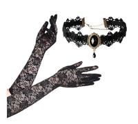 QEXUJOW Guanti e manopole da donna Guanti in pizzo da donna, accessori per abbigliamento da sposa da donna, 1 paio di guanti lunghi in pizzo nero + 1 pezzo di collana in pizzo gotico