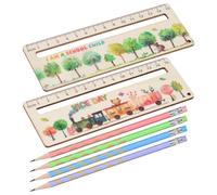 QEXUJOW Righelli e squadre,Due righelli didattici in legno per bambini, più quattro matite e un segnalibro in legno personalizzato, adatti ai principianti che imparano a scrivere.