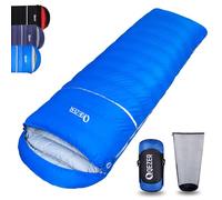 QEZER Sacco a pelo in piuma, leggero, rettangolare, invernale, 1180 g/1860 g, per adulti e bambini, 4 stagioni, campeggio, escursionismo, magazzino e attività all'aperto (blu zaffiro, 10 ℃)