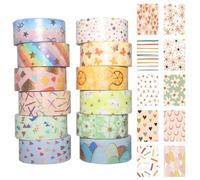 QFEHTHSK 12 Rotoli di Nastro Regalo, 50 Fogli di Carta Materiale per Diario, Nastro Decorativo Regalo, Nastro per Mascheratura, Nastro Washi Colorato, Nastro per Diario Fai da Te