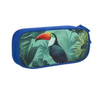 QGGHNISD Astuccio con foglie tropicali e uccello, grande capacità, a doppio strato, con divisore, borsa per cancelleria, con cerniera, graziosa borsa per cosmetici, per scuola, ufficio, viaggi, Blu