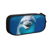 QGGHNISD Astuccio per matite con delfino con sorriso, grande capacità, doppio strato, con divisore, borsa per cancelleria, con cerniera, graziosa borsa per cosmetici stampata per scuola, ufficio