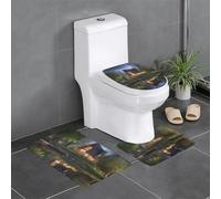 QGGHNISD Chalet By The Lake - Set di 3 tappetini da bagno in flanella, antiscivolo, assorbente, tappetino da bagno a forma di U e copricoperchio, morbido tappeto lavabile
