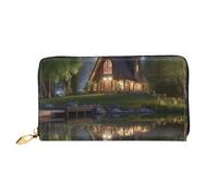 QGGHNISD Portafoglio lungo da donna in pelle con cerniera, scomparti per carte, tasca per contanti, pochette, Chalet in riva al lago, Taglia unica