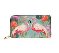 QGGHNISD Portafoglio lungo da donna in pelle con cerniera, scomparti per carte, tasca per contanti, pochette, Fenicottero Amore Fiori, Taglia unica