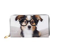 QGGHNISD Portafoglio lungo da donna in pelle con cerniera, scomparti per carte, tasca per contanti, pochette, Cane carino con gli occhiali, Taglia unica