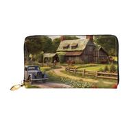 QGGHNISD Portafoglio lungo da donna in pelle con cerniera, scomparti per carte, tasca per contanti, pochette, Cottage con tetto di paglia della fattoria, Taglia unica