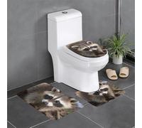 QGGHNISD Set di 3 tappeti da bagno in flanella con motivo di procione e cuccioli, tappetino antiscivolo assorbente, tappetino per WC a forma di U e copertura del coperchio, morbido tappeto da bagno