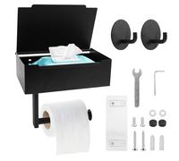 QGGTQG Portarotolo carta igienica senza foratura, 2 in 1, con contenitore per salviette umide, in acciaio inox, con ripiano, autoadesivo, porta rotolo per bagno e WC (nero)