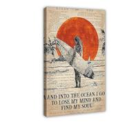 QGVBGF Poster su tela con scritta "Girl Surfing Art, And Into The Ocean To Lose My Mind Find Mind Soul", decorazione artistica da parete per soggiorno e camera da letto, 20 x 30 cm
