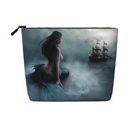 QGWDYYJQ Beauty case in canapa finta con stampa di una ragazza sirena e vela sul mare, borsa da viaggio per articoli da toeletta, Nero , Taglia unica