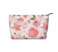 QGWDYYJQ Beauty case portatile da viaggio con tazze da tè e rose, in velluto a coste, con stampa romantica shabby, Nero , Taglia unica