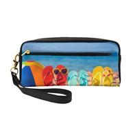 QGWDYYJQ Divertente borsa per il trucco con lingua, con stampa di pecora, astuccio in vera pelle, Infradito su una spiaggia sabbiosa, Taglia unica