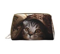 QGWDYYJQ Gatto sotto la coperta borsa di trucco in pelle stampata borsa cosmetica portatile borsa da toilette pochette, bianco, Taglia unica