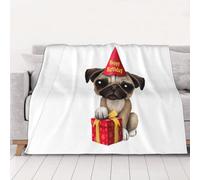 QGWDYYJQ Graziosa coperta di flanella con stampa di cucciolo di carlino Happy Birthday