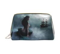 QGWDYYJQ Mermaid Girl and Sailing on Sea Pirate Ship borsa per il trucco in pelle stampata borsa cosmetica portatile borsa da toilette pochette, bianco, Taglia unica