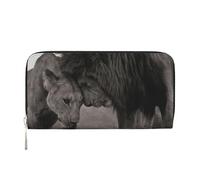 QGWDYYJQ Portafoglio portatile con zip in vera pelle stampata leone e leonessa, Nero , Taglia unica