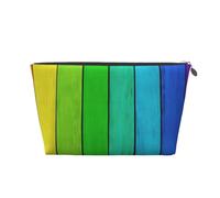QGWDYYJQ Sacchetto cosmetico portatile della pochette del sacchetto cosmetico di viaggio del cuoio stampato del fondo di legno colorato dell'arcobaleno, Argento, Taglia unica