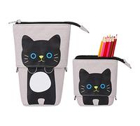 QH-Shop Astuccio Portamatite Tela Carino Gatto Borsa Trucco Portamonete Telescopico In Piedi Cartoleria Organizzatore con Cerniera per Scolastico Ufficio Ragazze Bambini (Grigio)