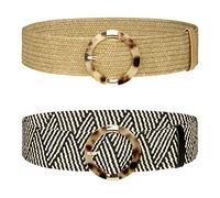 QH-Shop Cintura Elastica Donna Retrò Larga Cinture di Vita Elegante Boemia Paglia Casual Decorativa Belt per Vestito Nero Beige 2 Pezzi