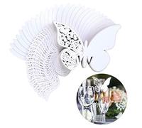 QH-Shop Farfalla Tazza Carta 100 Pezzi Luccichio Laser Cut Farfalla Nome Segnaposto Champagne Bicchiere di Vino Decorazione Matrimonio Fidanzamento Favore di PartitoTavolo Numero Bianco