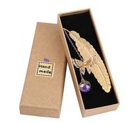 QH-Shop Segnalibro in Piuma di Metallo con Elegante Farfalla e Perle di Vetro Eterno Fiore Secco Ciondolo per Adulti, Bambini e Studenti (Oro Piuma e viola Ciondolo)