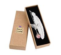 QH-Shop Segnalibro in Piuma di Metallo con Elegante Farfalla e Perle di Vetro Eterno Fiore Secco Ciondolo per Adulti, Bambini e Studenti (Argento Piuma e Rosa)