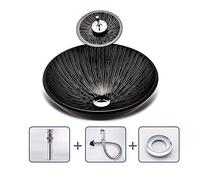 QHLMLL Artistic Radiation Line Pattern Vessel Vanity Sink Tempered Glass Above Counter Bathroom Lavatory Bowl Round Wash Basin Combo with Faucet, Pop-Up Drain Set, Black 16.5