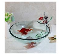 QHLMLL Bathroom Sink Tempered Glass Bathroom Sink Art Basin Round Bowl with Faucet Combo,Transparent Glass Hand-Drawn Pattern Sink Basin