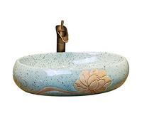 QHLMLL Bathroom Sinks Bathroom Vessel Sink Oval Ceramic Washbasin Lotus Pattern Art Countertop Basin Bathroom Utensils Sink with Faucet Vessel Vanity Sink,