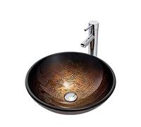 QHLMLL Bathroom Vessel Sink with Faucet And Drain Combo Vessel Bowl Sink Tempered Glass Countertop Sink Bowl Round Brown Art Above Counter Sink,