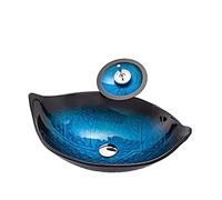 QHLMLL Bathroom Vessel Sink with Faucet And Drain Combo Vessel Bowl Sink Tempered Glass Countertop Sink Bowl Blue Leaf Shape Above Counter Sink Art Basin