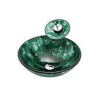 QHLMLL Bathroom Vessel Sink with Faucet And Drain Combo Vessel Bowl Sink Tempered Glass Countertop Sink Bowl Green Round Above Counter Sink Art Basin