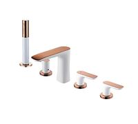 QHLMLL Bathtub Faucet White And Rose Golden Bath Tap 5-Hole 3-Handle Tub Mixer Tap Set, Brass Bathroom Tub Filler with Hand Shower Tub Tap Adjustable Hot And Cold Water Bath Tap