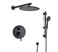 QHLMLL Black Bathtub Faucet Shower Set with Shelf, Copper Alloy Double Handle Tub Faucet, Wall Mounted Bathroom Mixer Tap with ?Hook, Anti-Scald Imitation Porcelain Surface